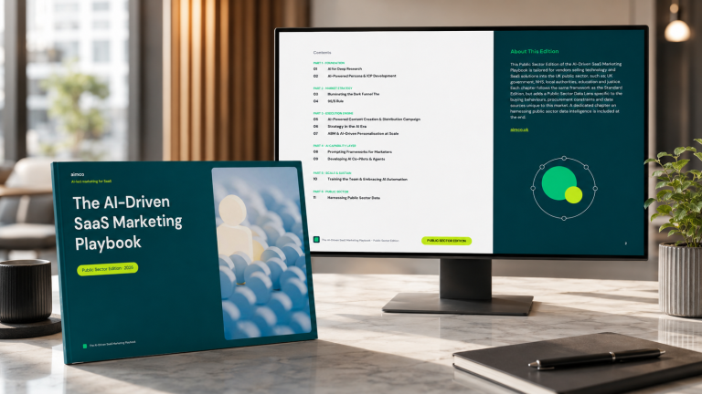 AI SaaS marketing playbook brochure and screen public sector edition